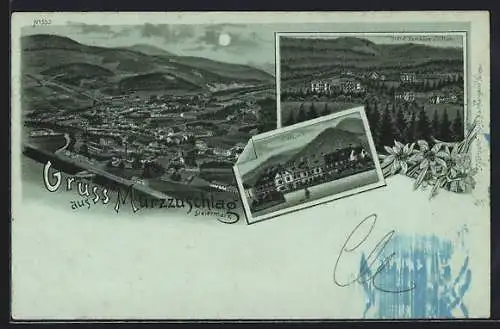 Mondschein-Lithographie Mürzzuschlag /Steiermark, Hotel Lambach und Villen, Kurhaus, Gesamtansicht