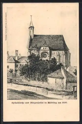 AK Mödling, Spitalkirche und Bürgerspital um 1830