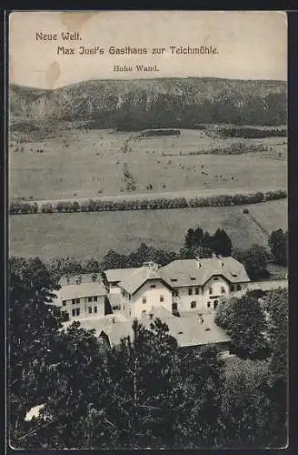 AK Neue Welt, Max Justs Gasthaus zur Teichmühle, im Hintergrund Hohe Wand