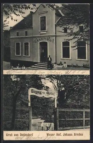 AK Dedesdorf, Gasthaus Weser Hof J. Breden, Vorderansicht, Gartenansicht vom Eingang aus