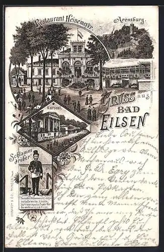 Lithographie Bad Eilsen, Restaurant Heinemeyer mit Garten, Kursaal, Arensburg, Schlamm drüber-Figur mit Bierkrug