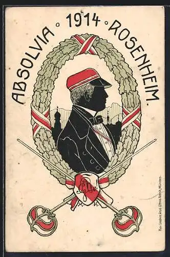 AK Rosenheim, Absolvia 1914, Student im Eichenkranz, Wappen und Degen