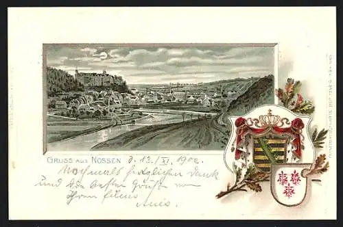 Passepartout-Lithographie Nossen, Ortsansicht bei Vollmond, Wappen, Eichenlaub