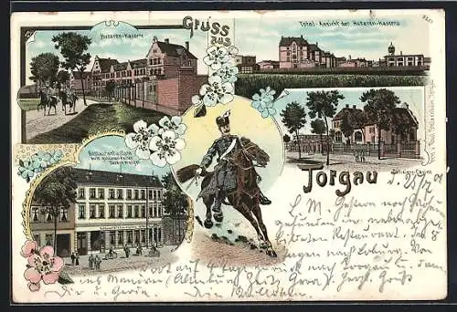 Lithographie Torgau, Husaren Kaserne, Totalansicht der Kaserne, Offiziers-Casino, Restaurant & Cafe zum goldenen Reiter