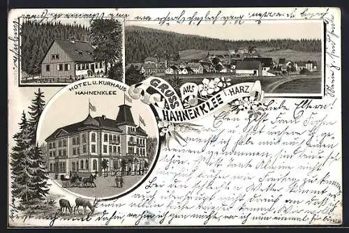 Lithographie Hahnenklee i. Harz, Hotel-Kurhaus Hahnenklee, Spiegelthaler Zeche, Ortsansicht, Hirsche