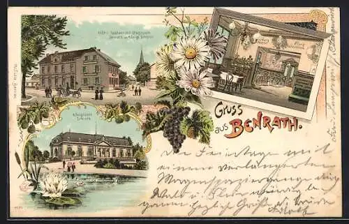 Lithographie Benrath, Hotel-Restaurant Stelzmann mit Innenansicht, Strasse u. Kirchturm, Kgl. Schlosss mit Gewässer