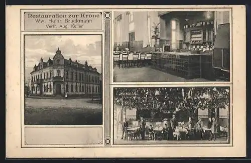 AK Hamborn / Duisburg, Gasthaus Restauration zur Krone Ww. H. Bruckmann / Vertr. A. Keller, Aussen - und Innenansicht