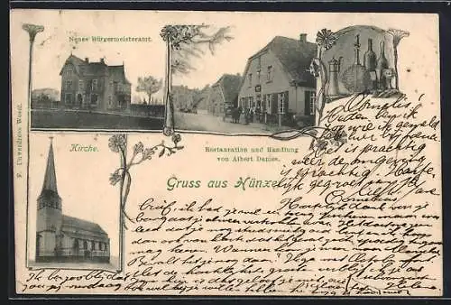 AK Hünxe, Gasthaus-Handlung A. Dames mit Strasse, Neues Bürgermeisteramt, Flaschen-Stilleben