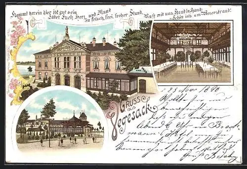 Lithographie Vegesack, Gasthaus am Weserstrand mit Saal, Wasserblick, Strasse