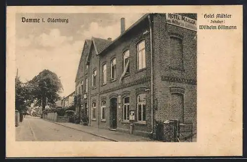 AK Damme i. Oldbg., Hotel Mähler W. Gillmann mit Strasse