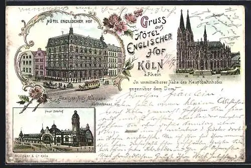 Lithographie Köln a. Rh., Hotel Englischer Hof F. Niemann mit Pferdebahn, Haupt-Bahnhof, Dom