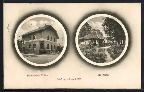 AK Calcum, Gasthaus Restauration H. Rose, Alte Mühle, im Bullaugen-Passepartout