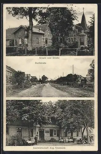 AK Blüthen /Perleberger Land, Gasthaus Aug. Neumann, Dorfstrasse, Schule und Kirche