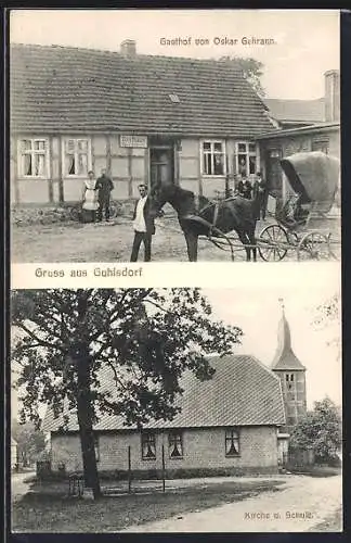 AK Guhlsdorf, Gasthof von Oskar Gehrann und Pferdewagen, Kirche und Schule