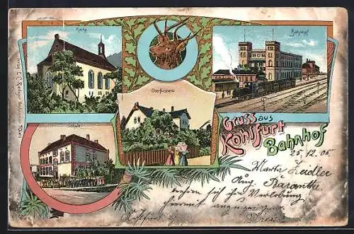 Lithographie Kohlfurt, Bahnhof, Schule, Oberförsterei und Kirche