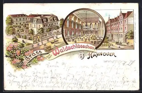 Lithographie Hannover, Waldschlösschen mit Tanzsaal und Gartenwirtschaft