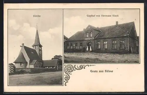 AK Bälow, Gasthof von Hermann Kindt, Blick auf die Kirche