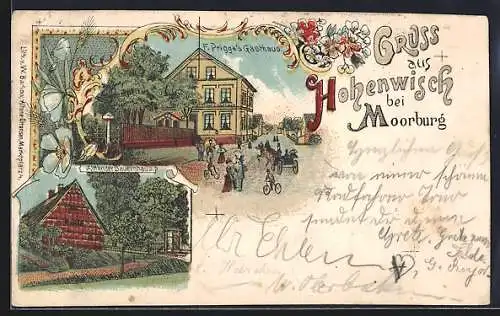 Lithographie Hamburg-Moorburg, Gasthaus Hohenwisch von F. Prigge und Altländer Bauernhaus