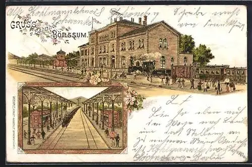 Lithographie Börssum, Bahnhof mit Dampflokomotive