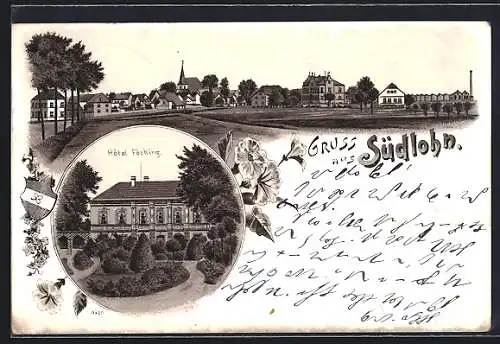 Lithographie Südlohn, Hotel Föcking mit Anlagen, Ortsansicht und Wappen