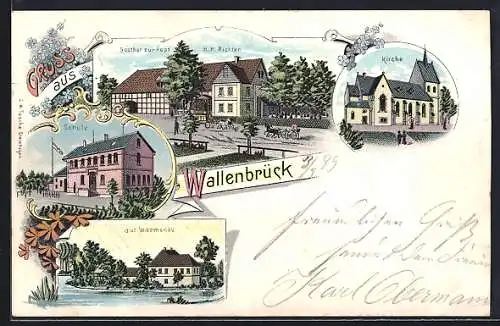 Lithographie Wallenbrück / Sprenge, Gasthof zur Post, Bes. H. H. Richter, Schule, Gut Warmenau und Kirche