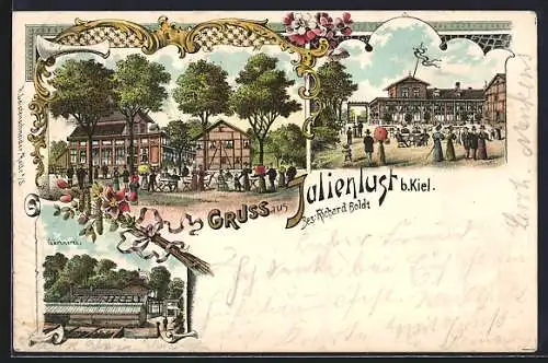 Lithographie Kiel, Gasthaus Julienlust, Bes. Richard Boldt, Gärtnerei