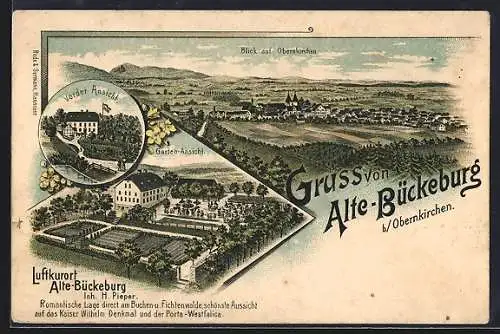 Lithographie Obernkirchen, Gasthof Alte-Bückeburg, Inh. H. Pieper, Vorder- und Gartenansichten