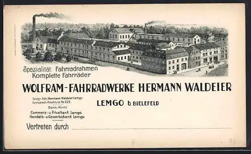 Lithographie Lemgo b. Bielefeld, Wolfram-Fahrradwerke Hermann Waldeier, Ansicht des Geländes