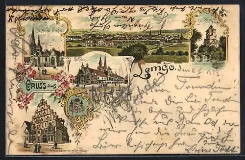 Lithographie Lemgo, Rathaus, St. Nicolai-Kirche und Hexenbürgermeister-Haus