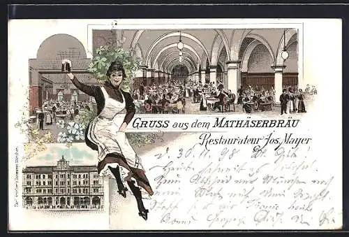 Lithographie München, Gasthaus Mathäserbräu, Bes. Jos. Mayer, Aussenansicht und innere Räume