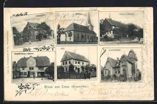 AK Lesse /Braunschweig, Villa Klenke, Kirche und Geschäftshaus Kramer