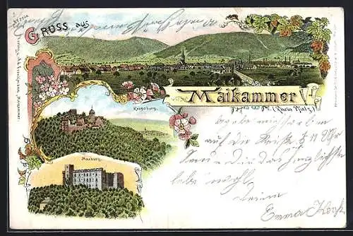 Lithographie Maikammer, Maxburg, Kropsburg und Panorama