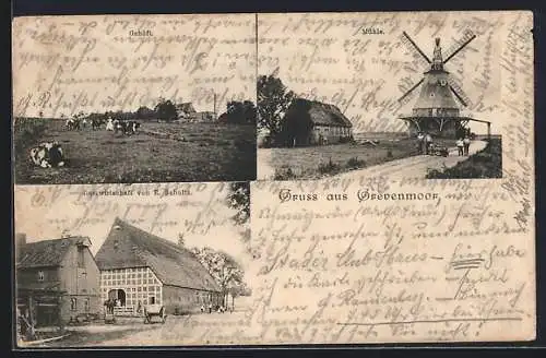 AK Grefenmoor, Gastwirtschaft von R. Schultz, Gehöft und Windmühle