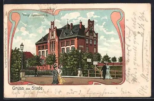 Lithographie Stade, Königl. Gymnasium mit Spaziergängern