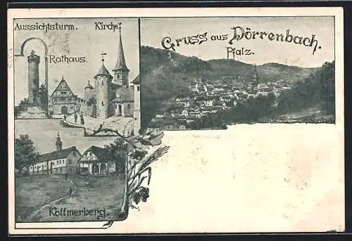 AK Dörrenbach / Pfalz, Gesamtansicht Aussichtsturm, Kirche und Rathaus