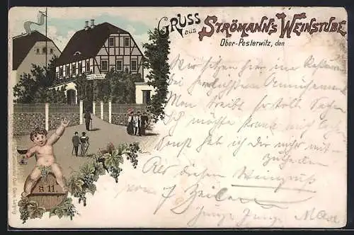 Lithographie Ober-Pesterwitz, Eingang zu Strömann`s Weinstube