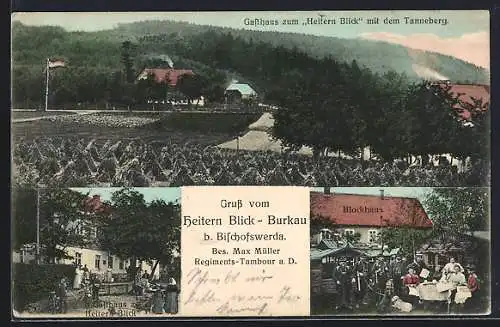 AK Burkau b. Bischofswerda, Gasthaus zum Heitern Blick mit dem Tannenberg, Bes. Max Müller