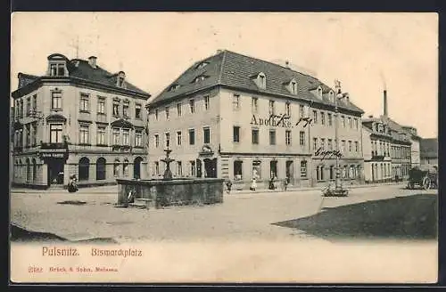 AK Pulsnitz, Bismarckplatz mit Geschäft von Alwin Endler, Apotheke und Brunnen