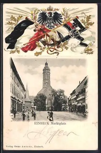 Passepartout-Lithographie Einbeck, Marktplatz mit Kirche, Reichsflagge und Reichskriegsflagge