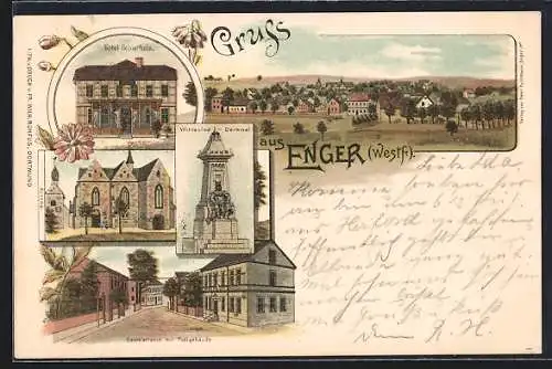 Lithographie Enger /Westf., Hotel Schierholz, Renteistrasse mit Postgebäude, Wittekind-Denkmal