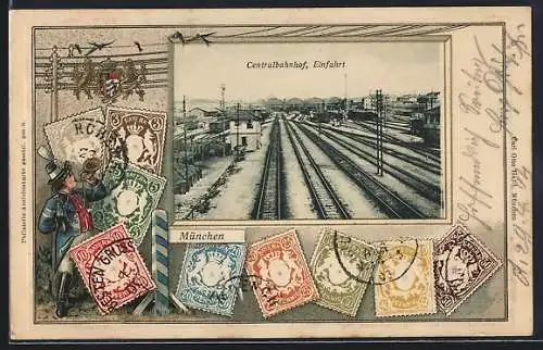 Präge-AK München, Einfahrt zum Centralbahnhof, Passepartout mit Briefmarken und Wappen