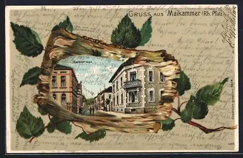 Passepartout-Lithographie Maikammer /Rh. Pfalz, Partie in der Marktstrasse, Birkenrinde und Birkenlaub