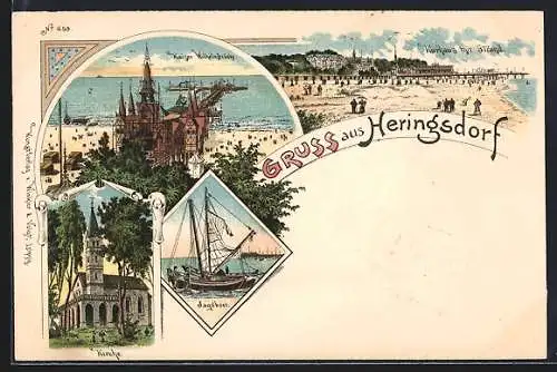 Lithographie Heringsdorf / Seebad, Kurhaus mit Strand, Kaiser Wilhelmbrücke, Kirche und Jagdboot