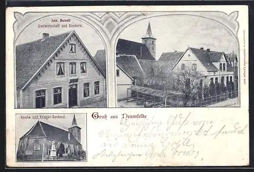 AK Neuenfelde / Harburg, Gasthaus und Bäckerei von Joh. Bundt, Kirche und Kriegerdenkmal