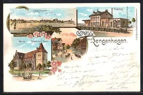 Lithographie Langenhagen, Bahnhof, Kirche und Totalansicht