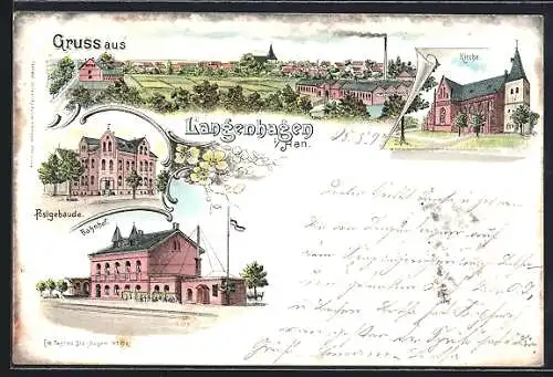 Lithographie Langenhagen i. Han., Bahnhof, Postgebäude, Kirche und Totalansicht