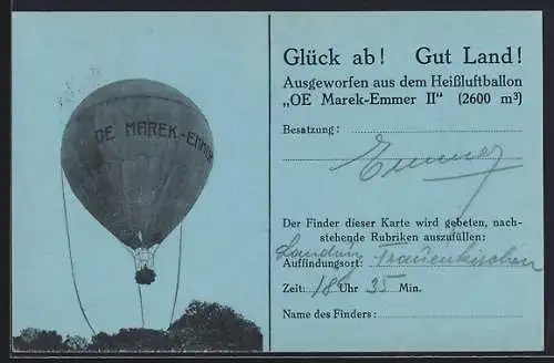 AK Ballonpionier Josef Emmer, Autograph und Ballonpost-Stempel Höhenrekordflug 1937