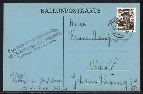 AK Ballonpionier Josef Emmer, Autograph und Ballonpost-Stempel Höhenrekordflug 1937