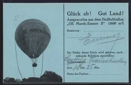 AK Ballonpionier Josef Emmer, Autograph und Ballonpost-Stempel Höhenrekordflug 1937