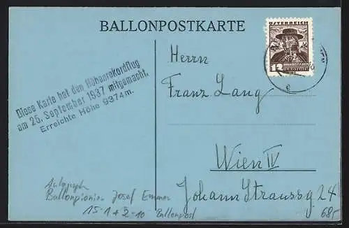 AK Ballonpionier Josef Emmer, Autograph und Ballonpost-Stempel Höhenrekordflug 1937